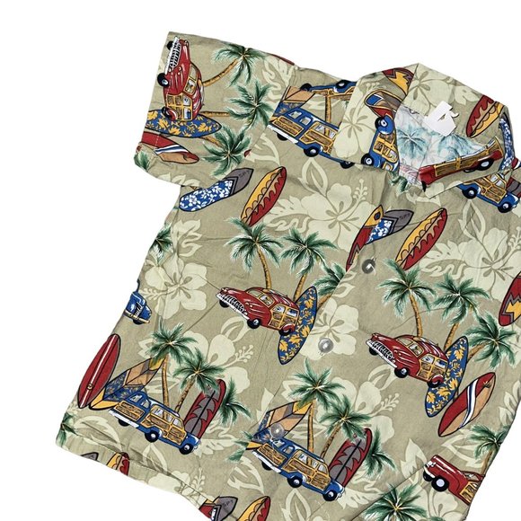 Vintage Hawaiian Shirt Big Boys 6 Green Vintage Car Surfboard Aloha Beach - Picture 2 of 8